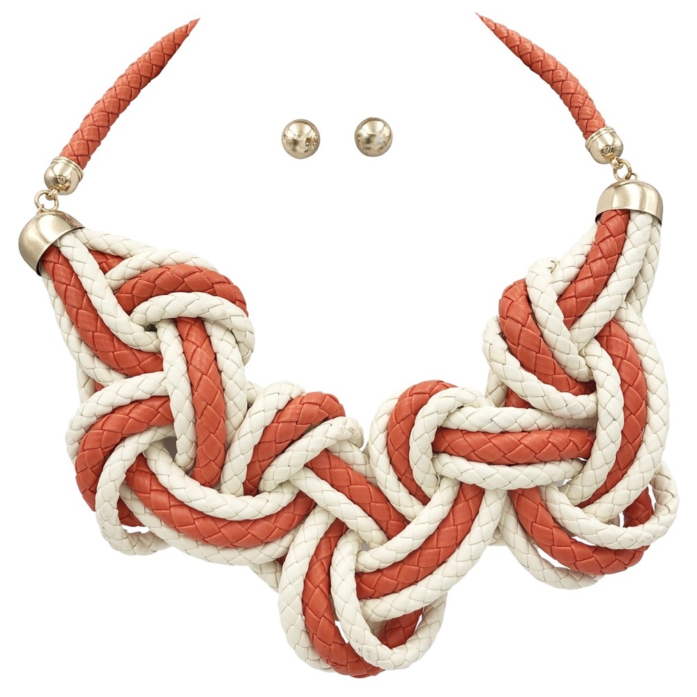 Chunky Orange Leather Braided Necklace Earring Set